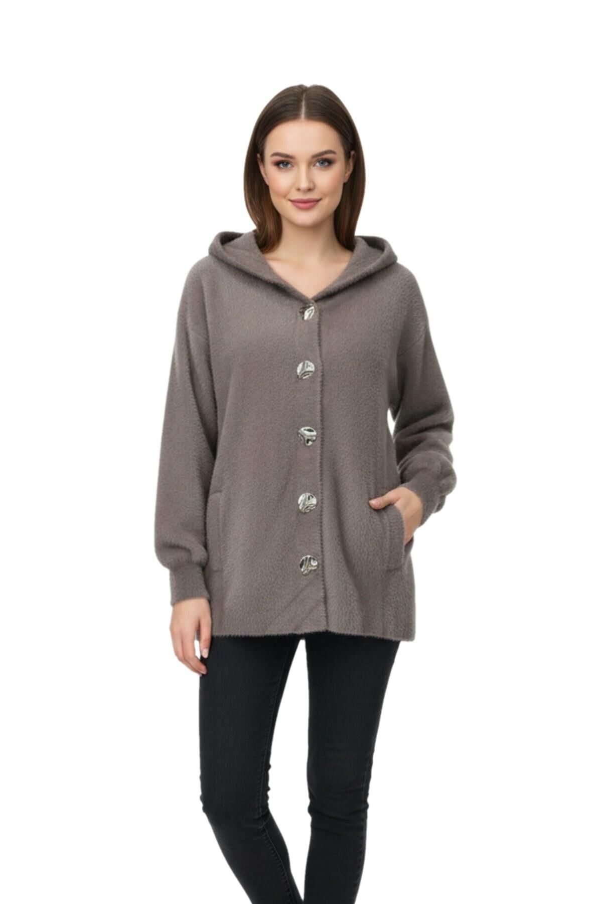 Kadın Kapüşonlu Spor Düğmeli Triko Sakallı Hırka BGL-ST05073