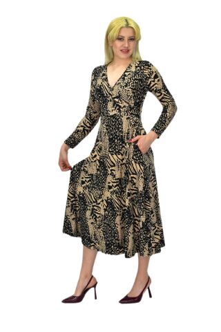 Kadın Viskon Leopar Desenli  V Yaka Elbise BGL-ST03536 SİYAH - 38