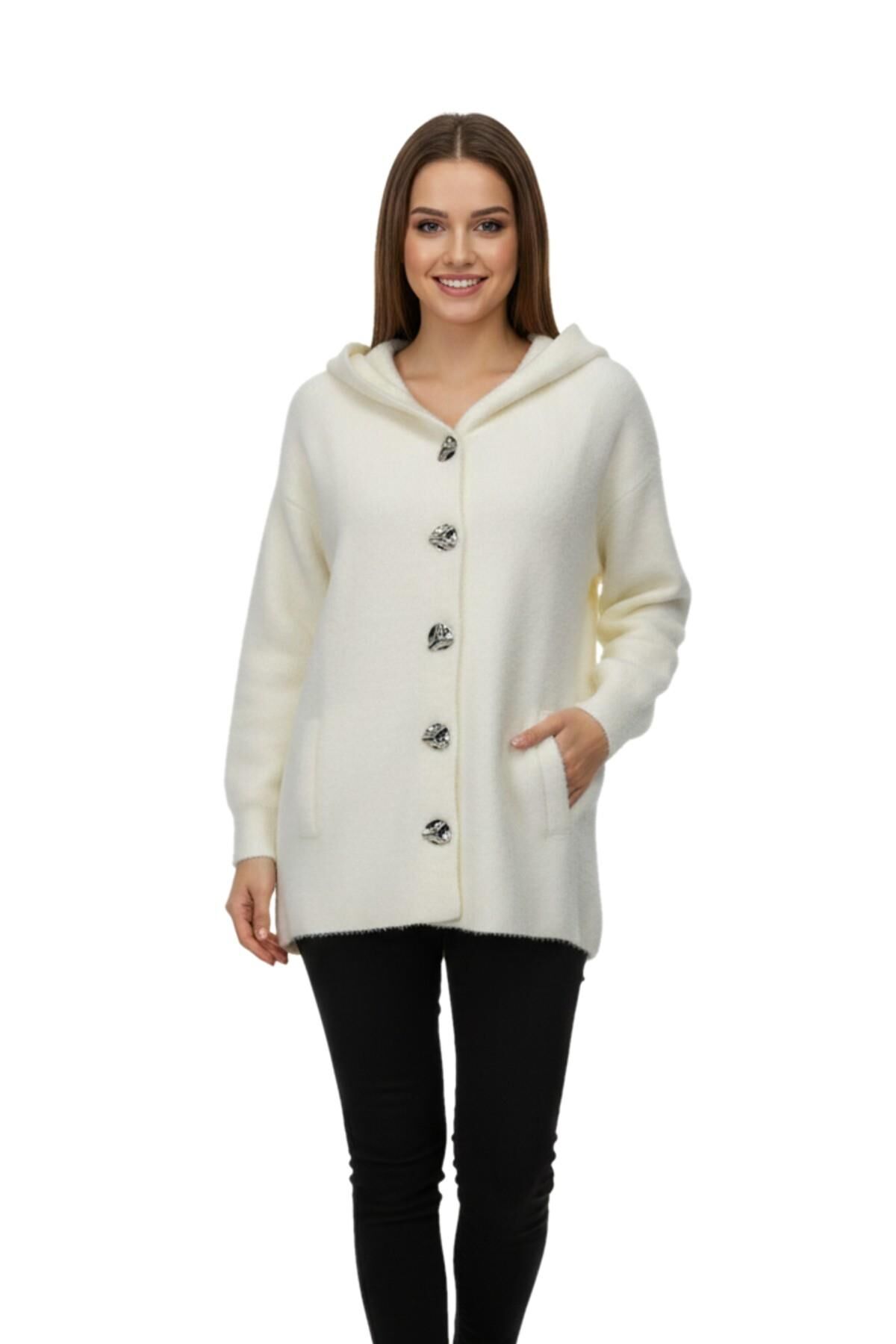 Kadın Kapüşonlu Spor Düğmeli Triko Sakallı Hırka BGL-ST05073 EKRU - M/L