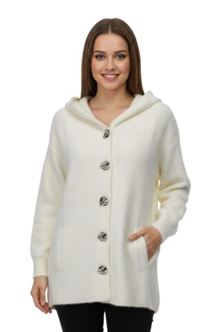 Kadın Kapüşonlu Spor Düğmeli Triko Sakallı Hırka BGL-ST05073 EKRU - M/L