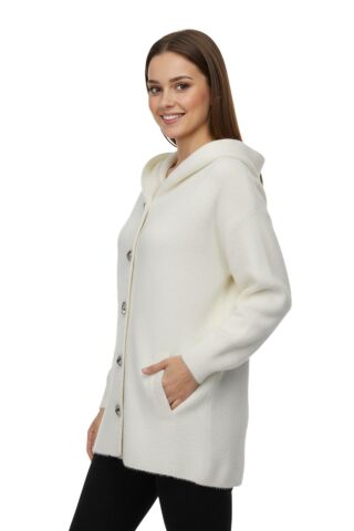 Kadın Kapüşonlu Spor Düğmeli Triko Sakallı Hırka BGL-ST05073 EKRU - M/L