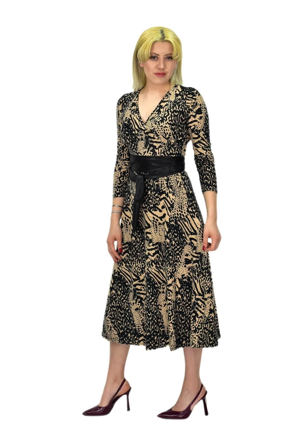 Kadın Viskon Leopar Desenli  V Yaka Elbise BGL-ST03536 CAMEL - 36