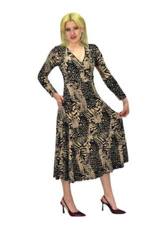 Kadın Viskon Leopar Desenli  V Yaka Elbise BGL-ST03536 CAMEL - 36