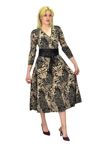 Kadın Viskon Leopar Desenli  V Yaka Elbise BGL-ST03536 CAMEL - 36