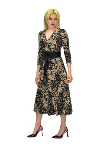 Kadın Viskon Leopar Desenli  V Yaka Elbise BGL-ST03536 CAMEL - 40