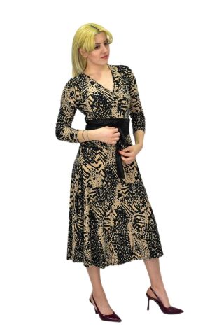 Kadın Viskon Leopar Desenli  V Yaka Elbise BGL-ST03536 CAMEL - 40