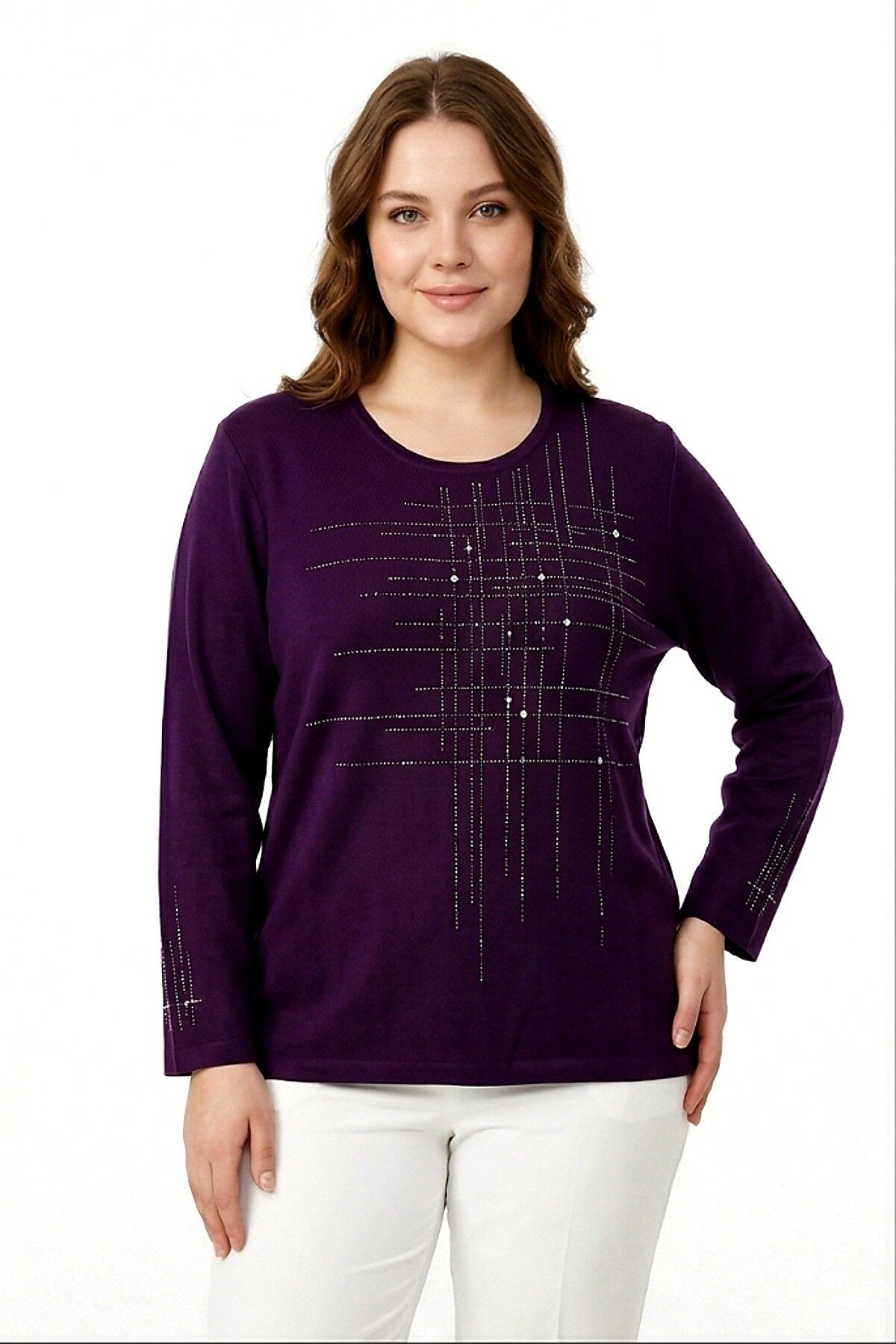 Kadın Taşlı Desen Mevsimlik Triko Bluz BGL-ST05291 MÜRDÜM - 2XL