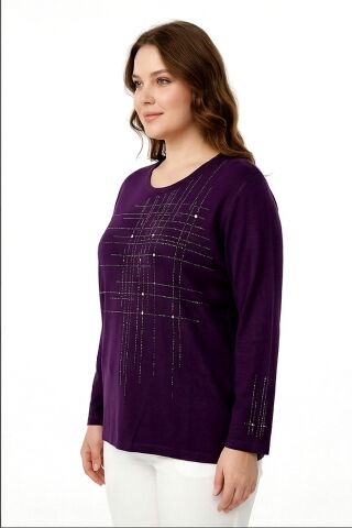 Kadın Taşlı Desen Mevsimlik Triko Bluz BGL-ST05291 MÜRDÜM - 2XL