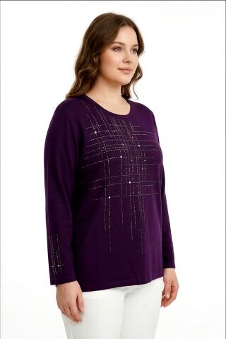 Kadın Taşlı Desen Mevsimlik Triko Bluz BGL-ST05291 MÜRDÜM - 2XL