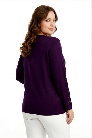 Kadın Taşlı Desen Mevsimlik Triko Bluz BGL-ST05291 MÜRDÜM - 2XL