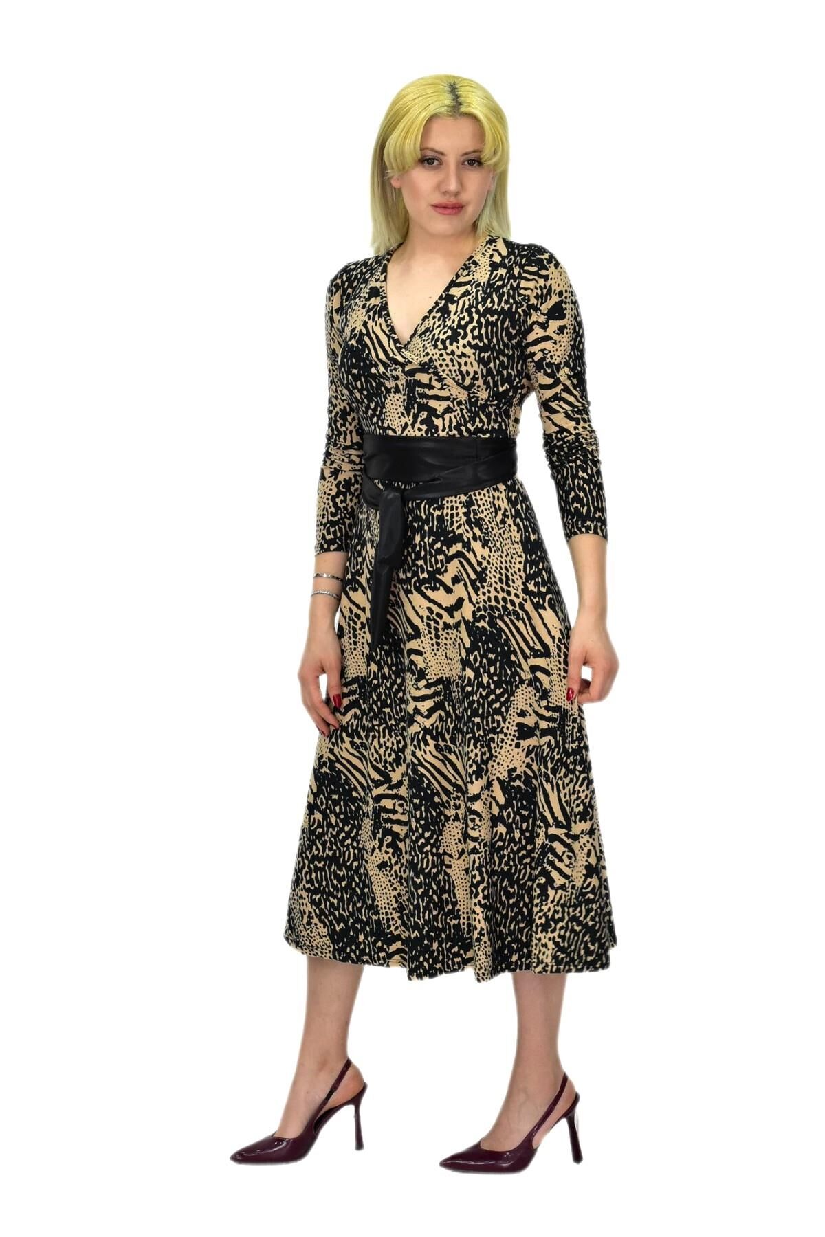 Kadın Viskon Leopar Desenli  V Yaka Elbise BGL-ST03536 CAMEL - 42