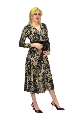 Kadın Viskon Leopar Desenli  V Yaka Elbise BGL-ST03536 CAMEL - 42
