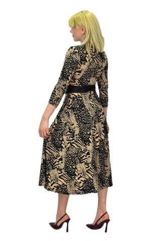 Kadın Viskon Leopar Desenli  V Yaka Elbise BGL-ST03536 CAMEL - 42