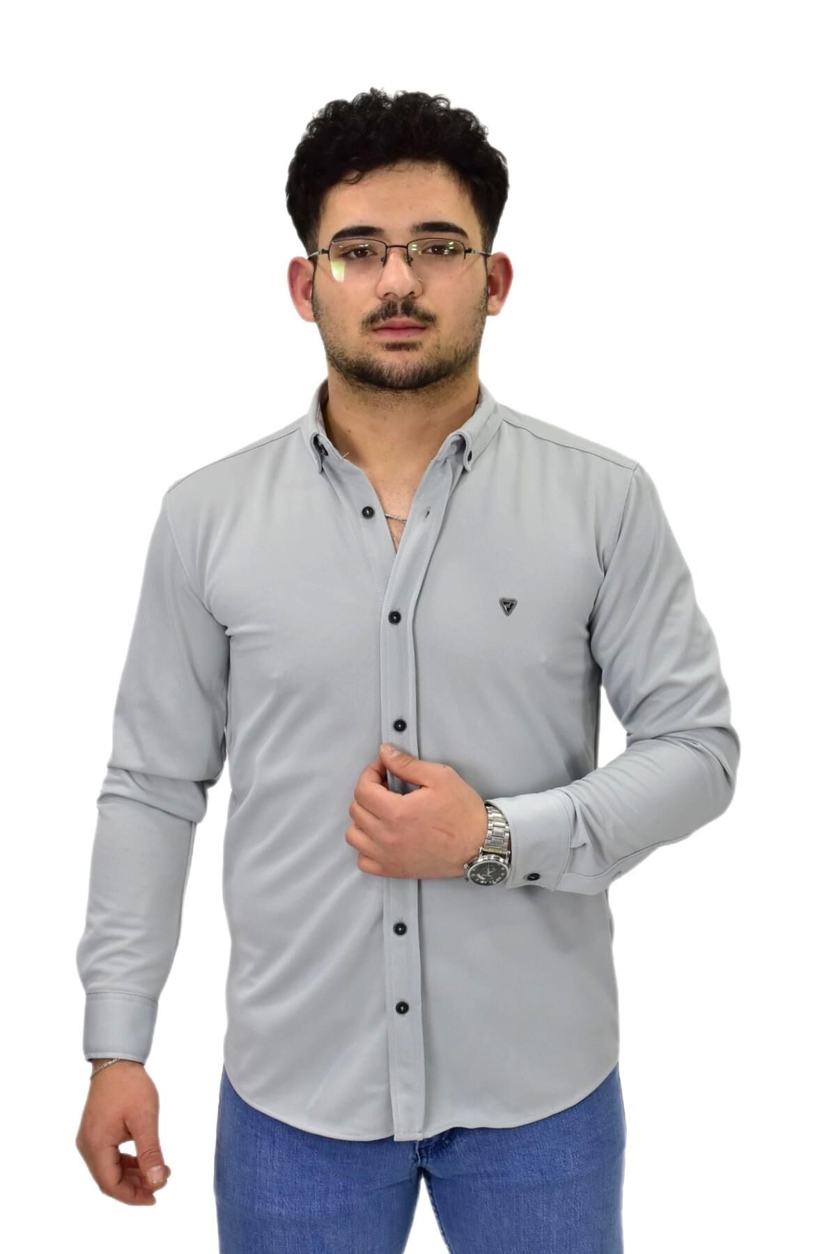 Erkek Spor Silim Fit Uzun Kol Gömlek BGL-ST04484 GRİ - 2XL