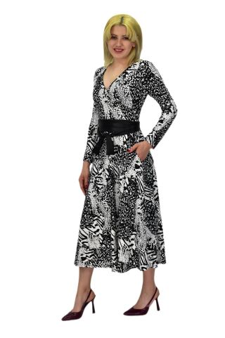 Kadın Viskon Leopar Desenli  V Yaka Elbise BGL-ST03536 SİYAH - 36