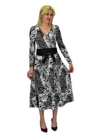 Kadın Viskon Leopar Desenli  V Yaka Elbise BGL-ST03536 SİYAH - 38