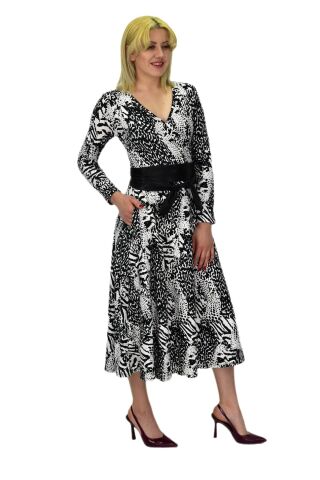 Kadın Viskon Leopar Desenli  V Yaka Elbise BGL-ST03536 SİYAH - 38