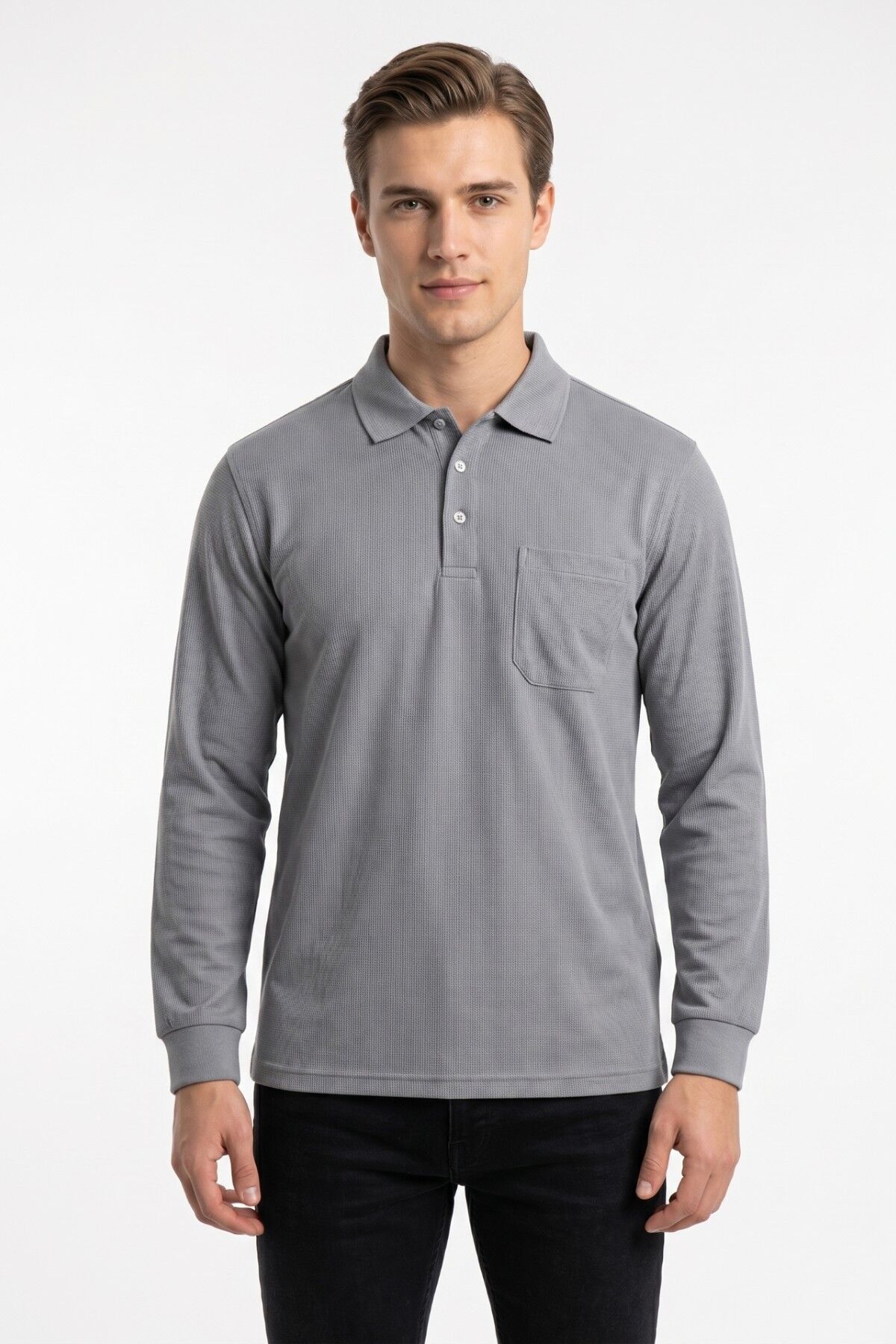Erkek Mevsimlik Polo Yaka Cepli Sweatshirt BGL-ST05366 GRİ - 2XL