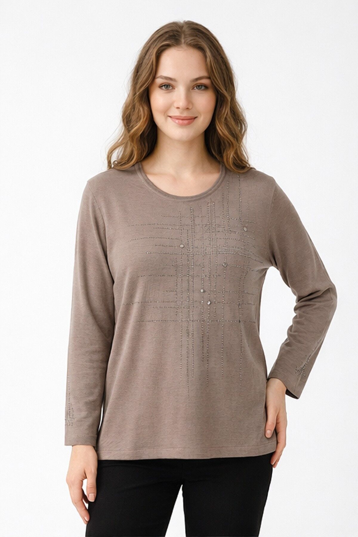 Kadın Taşlı Desen Mevsimlik Triko Bluz BGL-ST05291 VİZON - 2XL