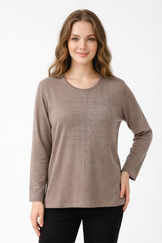 Kadın Taşlı Desen Mevsimlik Triko Bluz BGL-ST05291 VİZON - 2XL