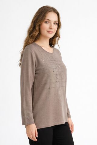 Kadın Taşlı Desen Mevsimlik Triko Bluz BGL-ST05291 VİZON - 2XL