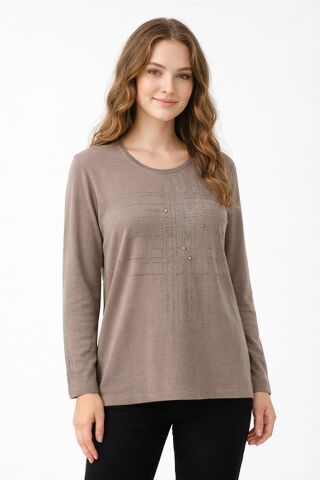 Kadın Taşlı Desen Mevsimlik Triko Bluz BGL-ST05291 VİZON - 2XL