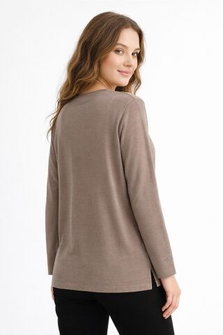 Kadın Taşlı Desen Mevsimlik Triko Bluz BGL-ST05291 VİZON - 2XL