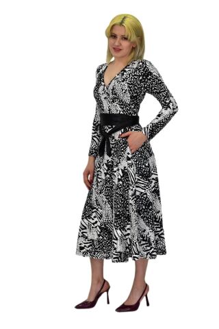 Kadın Viskon Leopar Desenli  V Yaka Elbise BGL-ST03536 SİYAH - 40
