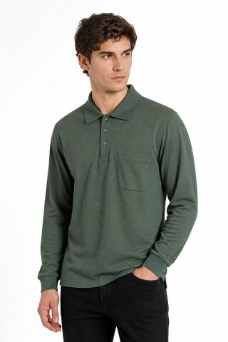 Erkek Mevsimlik Polo Yaka Cepli Sweatshirt BGL-ST05366 HAKİ - L