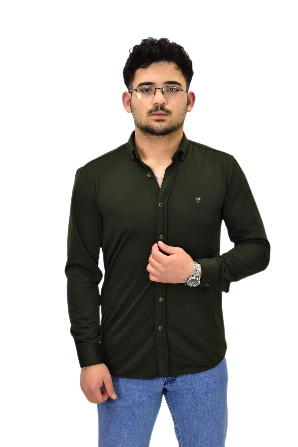 Erkek Spor Silim Fit Uzun Kol Gömlek BGL-ST04484 HAKİ - XL