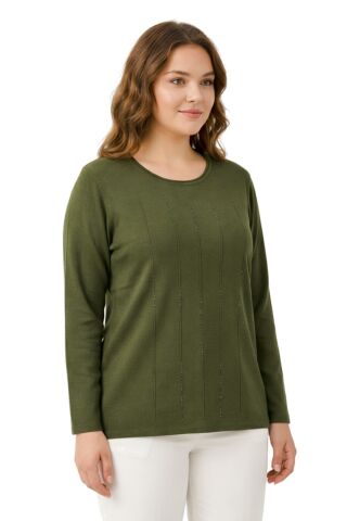 Kadın Taş Desen Çima Dikişli Mevsimlik Triko Bluz BGL-ST05288 HAKİ - 2XL