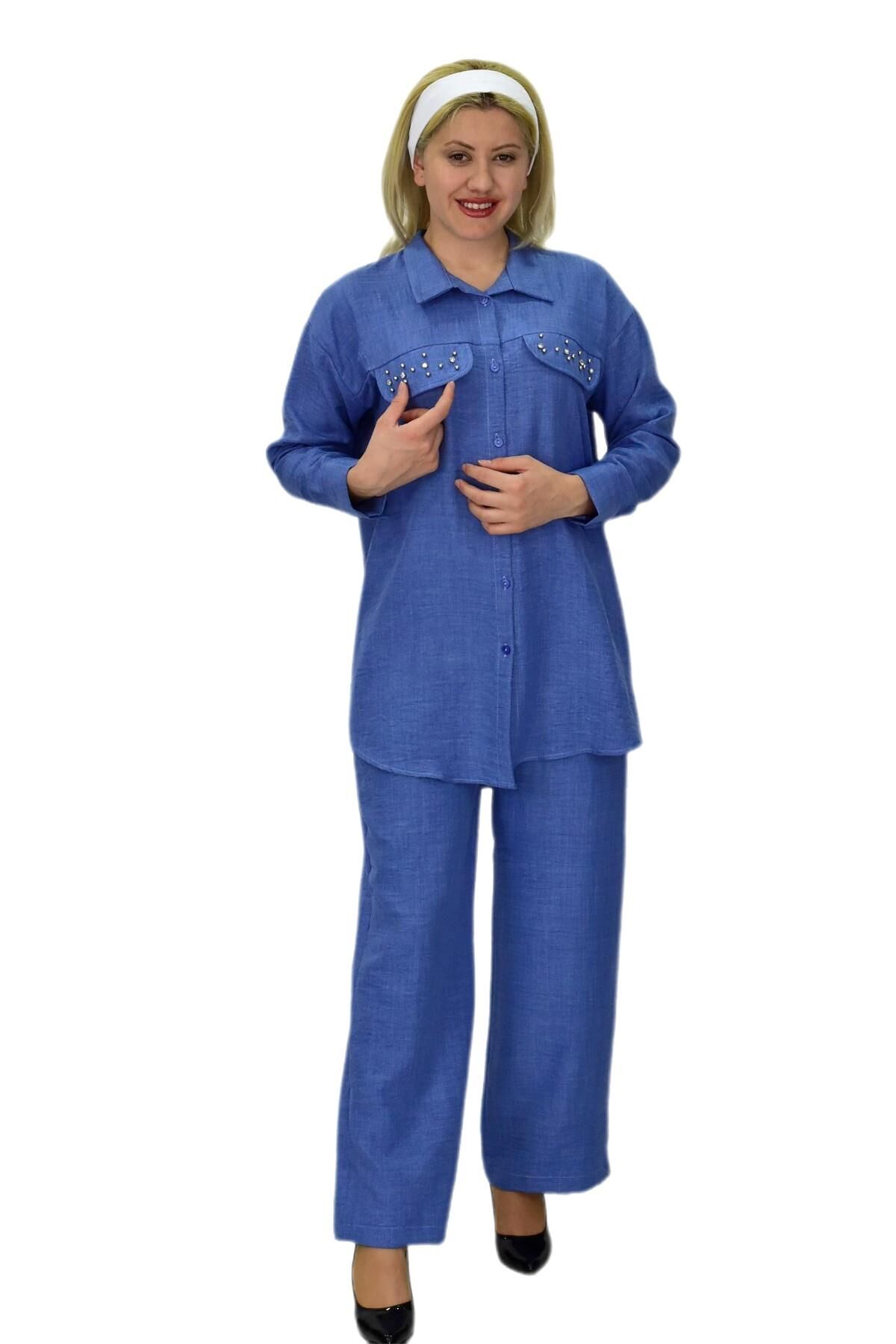 Kadın Ayrobin İkili Bluz Pantolon Takım BGL-ST03710 MAVİ - 40