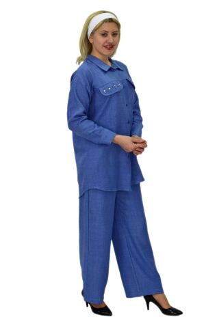 Kadın Ayrobin İkili Bluz Pantolon Takım BGL-ST03710 MAVİ - 40