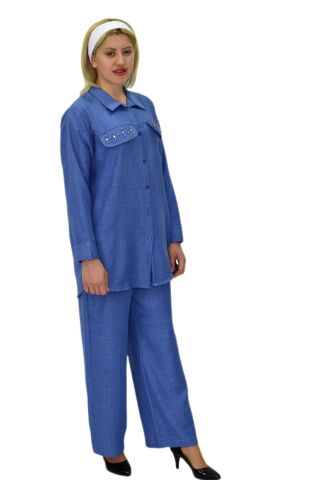 Kadın Ayrobin İkili Bluz Pantolon Takım BGL-ST03710 MAVİ - 40