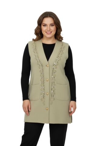 Kadın Bej Rengi Pullu Anne Yelek NIL-1526