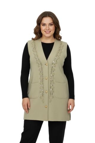 Kadın Bej Rengi Pullu Anne Yelek NIL-1526