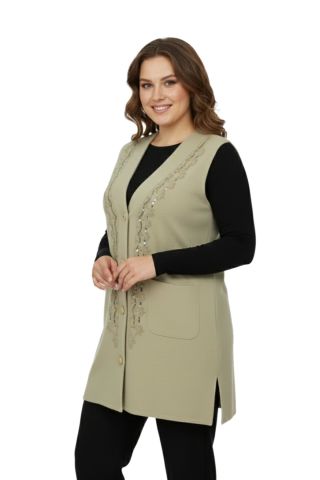 Kadın Bej Rengi Pullu Anne Yelek NIL-1526