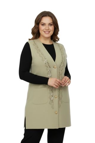 Kadın Bej Rengi Pullu Anne Yelek NIL-1526