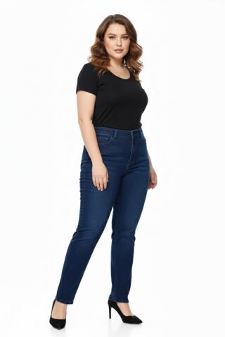 Kadın  Jeans Pantolon Kemer Lastikli Düğmeli BGL-ST05059 K.MAVİ - 52