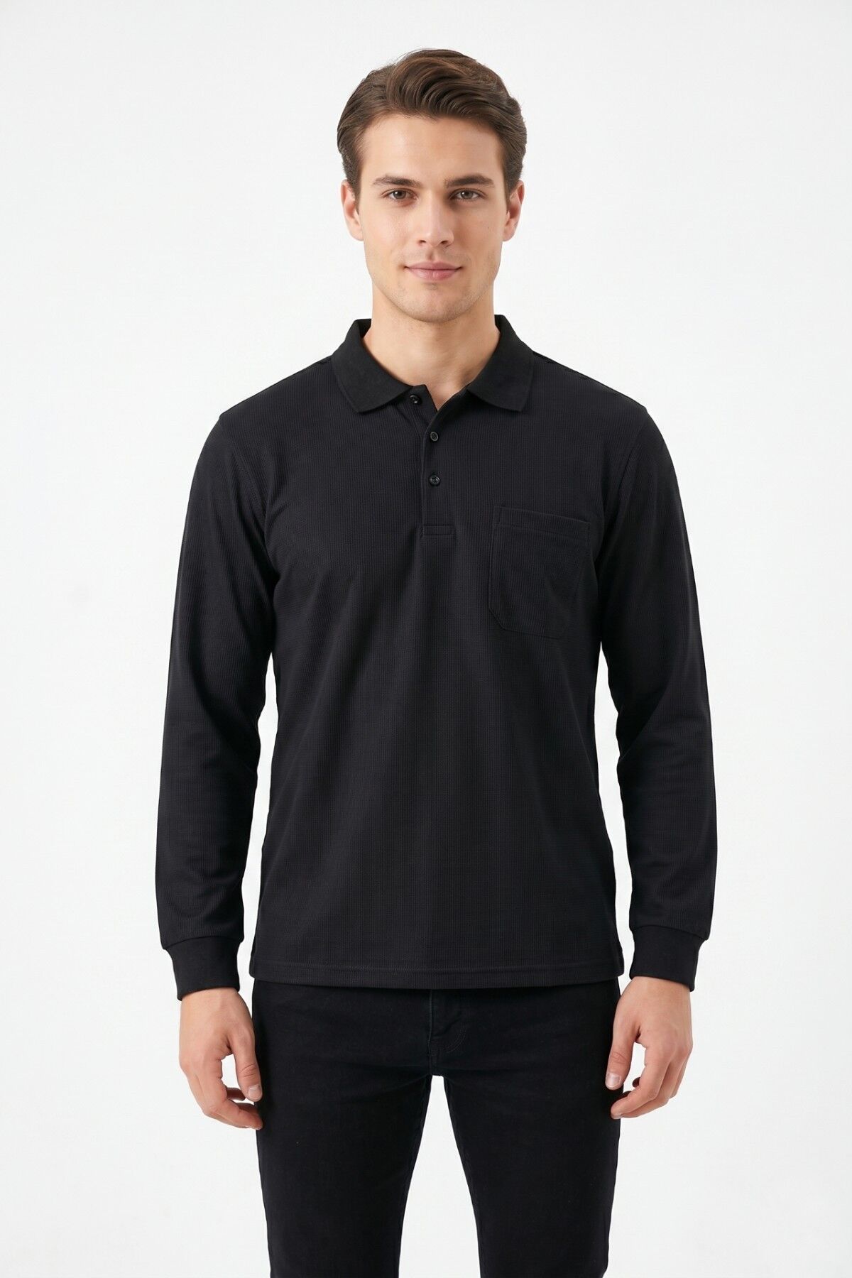 Erkek Mevsimlik Polo Yaka Cepli Sweatshirt BGL-ST05366 SİYAH - M