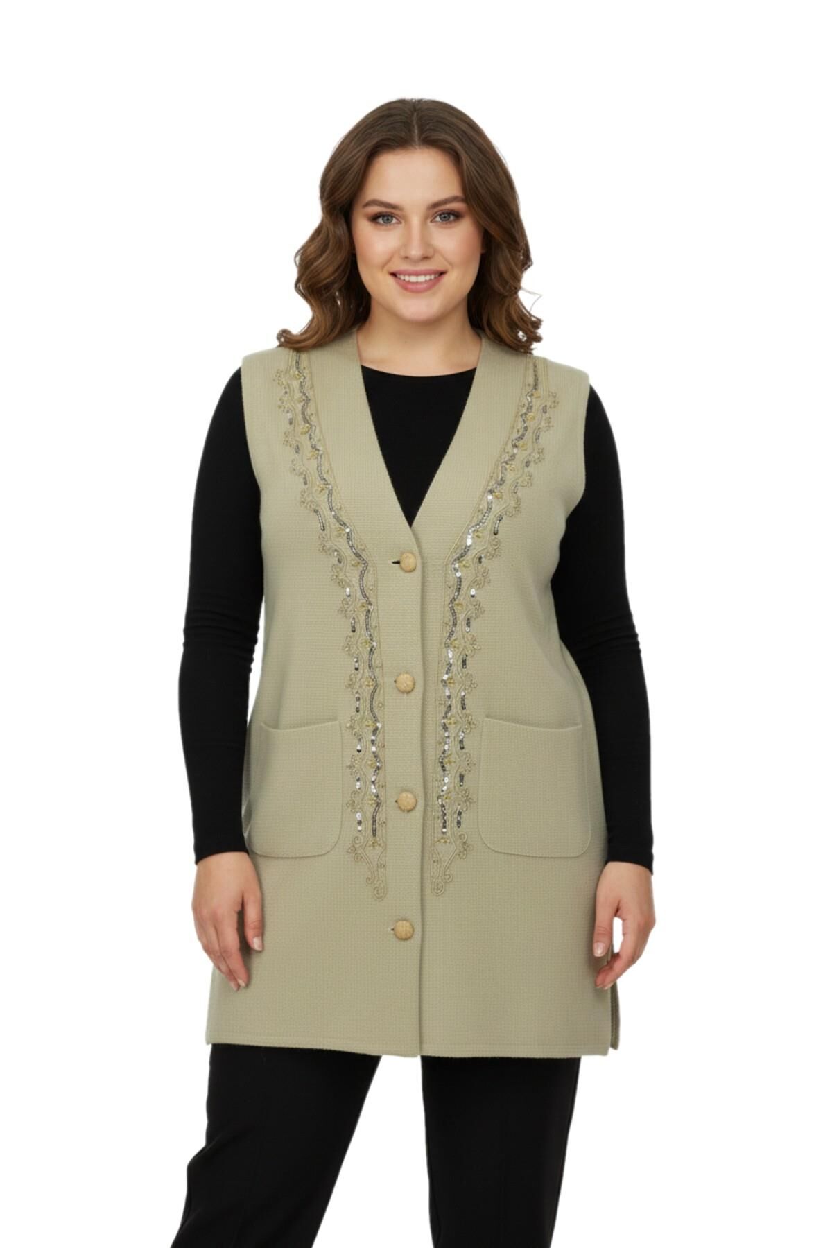 Kadın Bej Rengi Pullu Anne Yelek NIL-1526 BEJ - L
