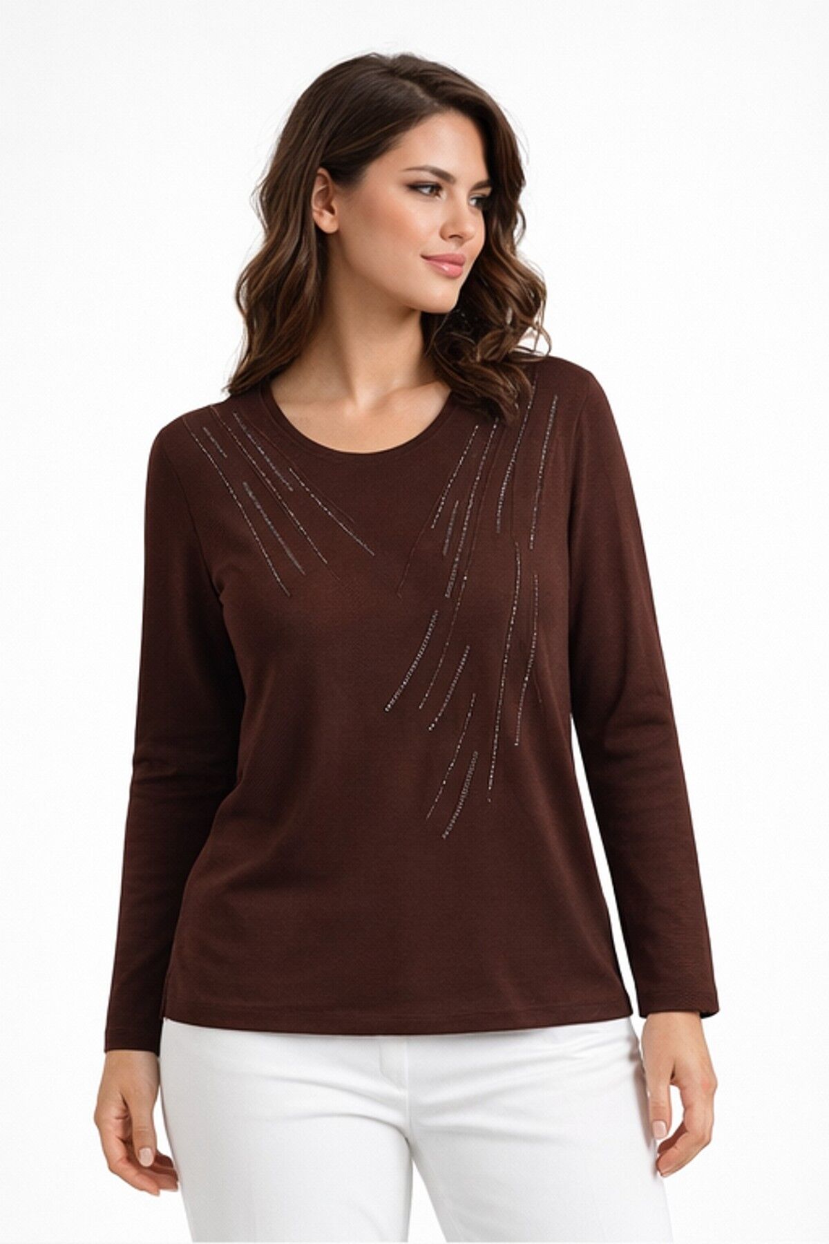 Kadın Taşlı Desen Çima Dikişli Mevsimlik Triko Bluz BGL-ST05290 KAHVE - 2XL