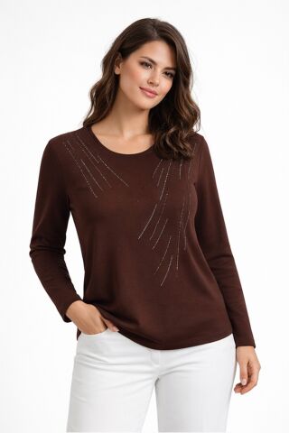 Kadın Taşlı Desen Çima Dikişli Mevsimlik Triko Bluz BGL-ST05290 KAHVE - 2XL