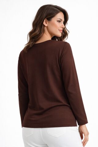 Kadın Taşlı Desen Çima Dikişli Mevsimlik Triko Bluz BGL-ST05290 KAHVE - 2XL