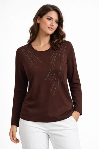 Kadın Taşlı Desen Çima Dikişli Mevsimlik Triko Bluz BGL-ST05290 KAHVE - 2XL