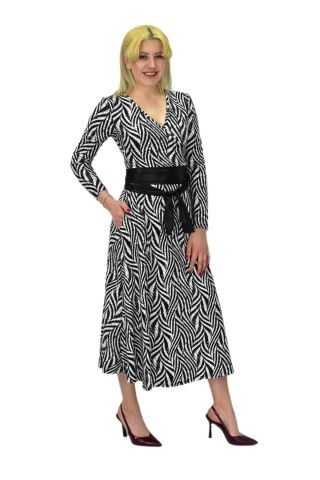 Kadın Viskon Zebra Desenli  V Yaka Elbise BGL-ST03535 SİYAH - 36