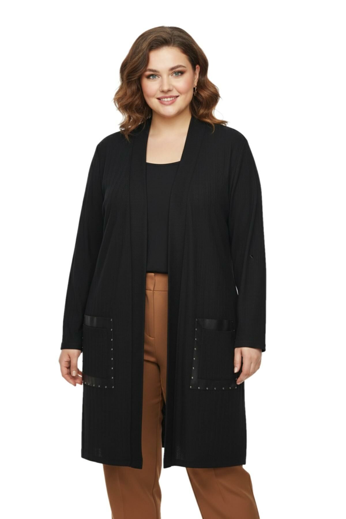 Kadın Siyah Uzun Hırka Deri Görünümlü Cep Detaylı BGL-ST05192