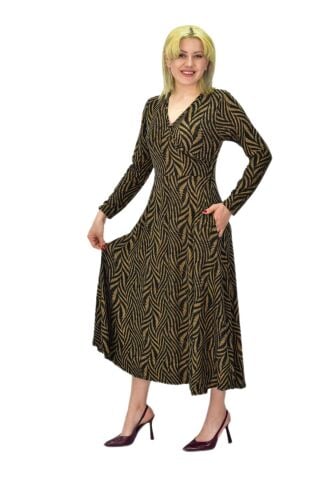 Kadın Viskon Zebra Desenli  V Yaka Elbise BGL-ST03535 CAMEL - 36