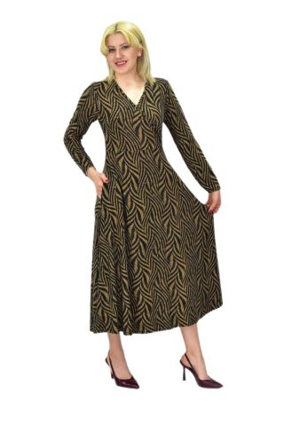 Kadın Viskon Zebra Desenli  V Yaka Elbise BGL-ST03535 CAMEL - 36