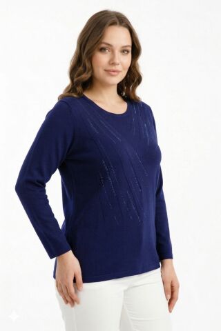Kadın Taşlı Desen Çima Dikişli Mevsimlik Triko Bluz BGL-ST05290 LACİVERT - M